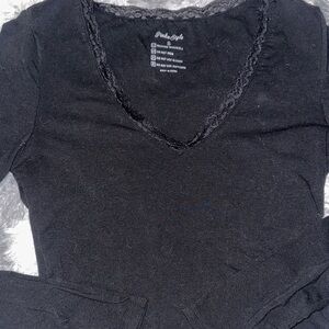 Black Long Sleeve Top with Lace Detail Around Neck - Small